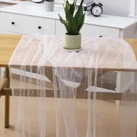 10 Ft Pearl Table Runner White Tulle Table Cloth Wedding Veil Valentine's Day Decor Sequin Lace Dessert Tablecloth Diamonds Party Decorations Doilies for Birthday Party, 29.5x120 Inches
