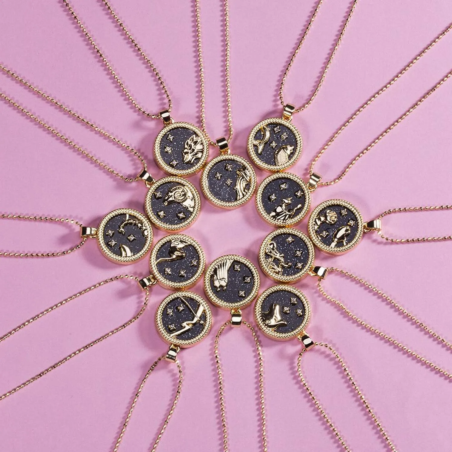 2 Pcs Zodiac Coin Necklace 12 Constellation Bright Day and Black Night 14K Gold Plated Round Pendant Astrology Horoscope Necklace Gift for Women