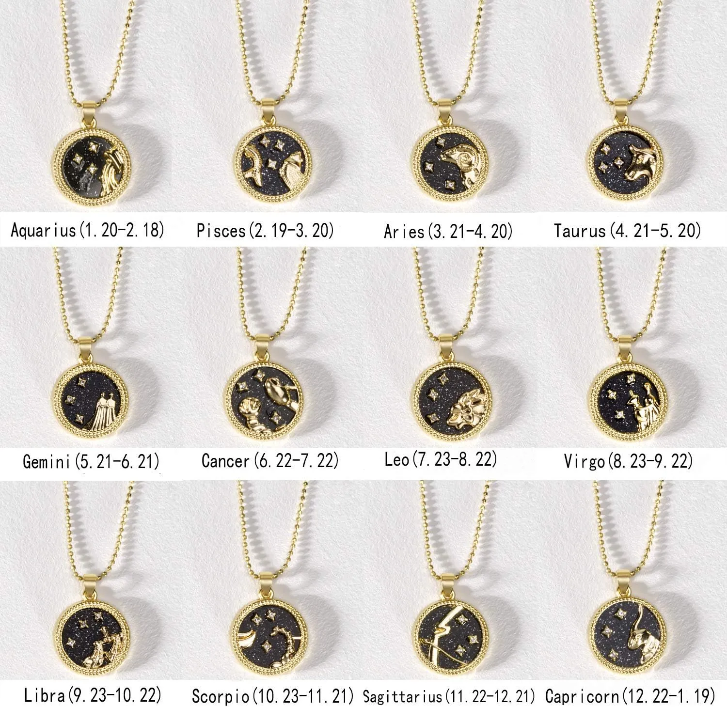 2 Pcs Zodiac Coin Necklace 12 Constellation Bright Day and Black Night 14K Gold Plated Round Pendant Astrology Horoscope Necklace Gift for Women