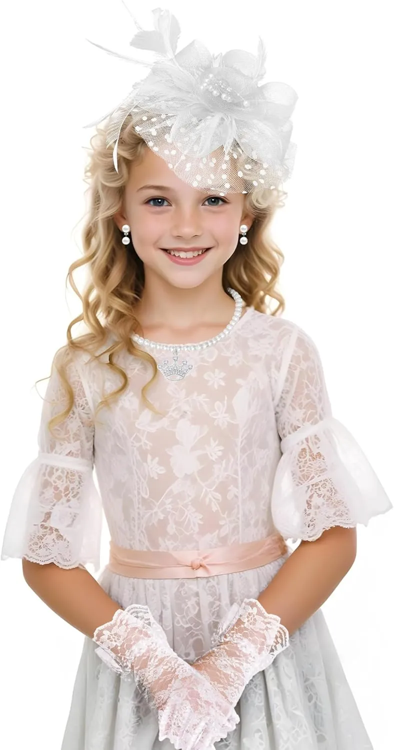 5Pcs Girls Tea Party Fascinators Hats Tea Party Headband and Lace Glove Set for Girls 1920s Party