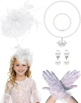 5Pcs Girls Tea Party Fascinators Hats Tea Party Headband and Lace Glove Set for Girls 1920s Party