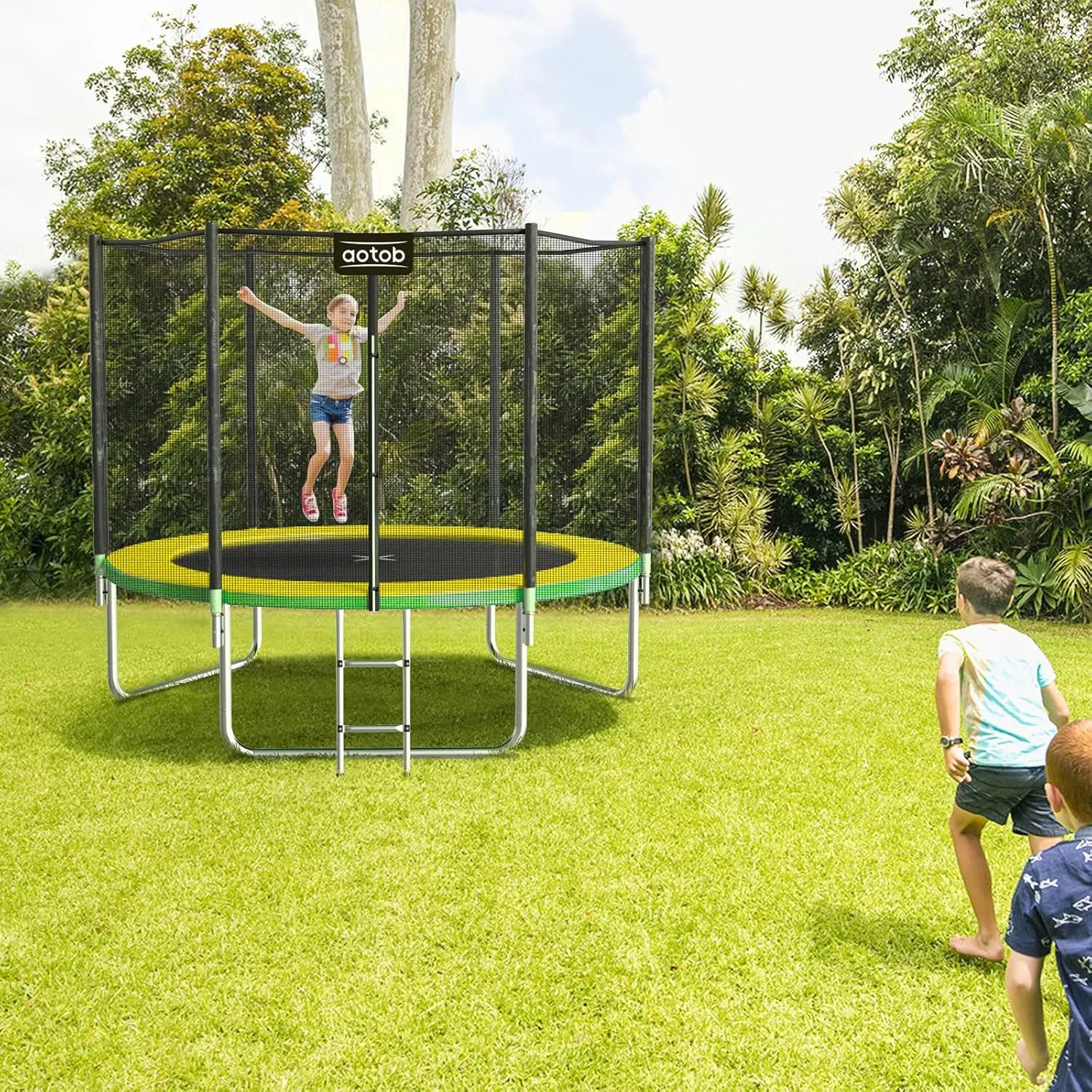 AOTOB 8FT 10FT 12FT 14 FT 15FT Trampoline with Safety Enclosure NetOutdoor Trampoline with Basketball Hoop, Heavy Duty Jumping Mat and Spring Cover Padding for Kids and Adults, Storage Bag and Ladder