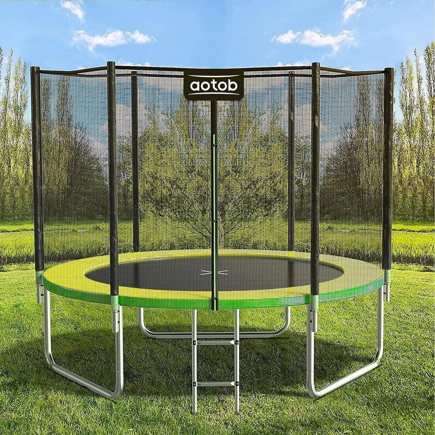 AOTOB 8FT 10FT 12FT 14 FT 15FT Trampoline with Safety Enclosure NetOutdoor Trampoline with Basketball Hoop, Heavy Duty Jumping Mat and Spring Cover Padding for Kids and Adults, Storage Bag and Ladder