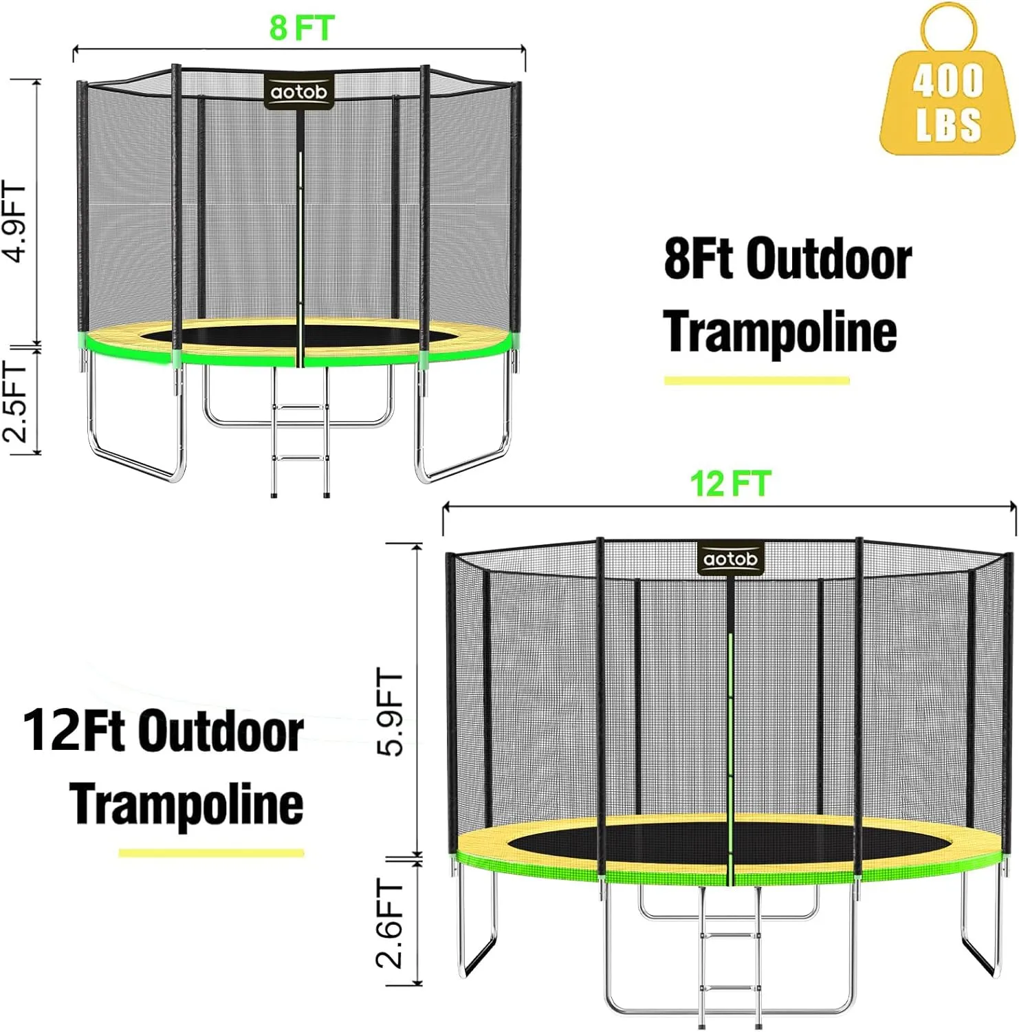AOTOB 8FT 10FT 12FT 14 FT 15FT Trampoline with Safety Enclosure NetOutdoor Trampoline with Basketball Hoop, Heavy Duty Jumping Mat and Spring Cover Padding for Kids and Adults, Storage Bag and Ladder