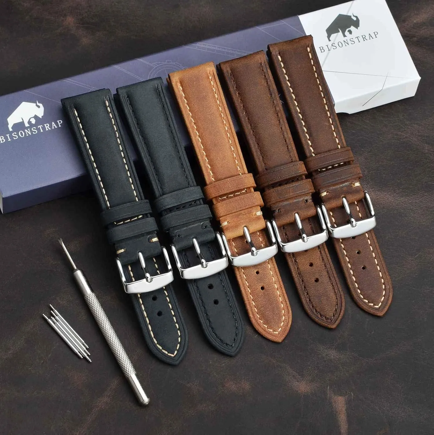 BISONSTRAP Watch Strap, Vintage Leather Replacement Bracelet, Band Width-14mm 15mm 16mm 17mm 18mm 19mm 20mm 21mm 22mm 23mm 24mm