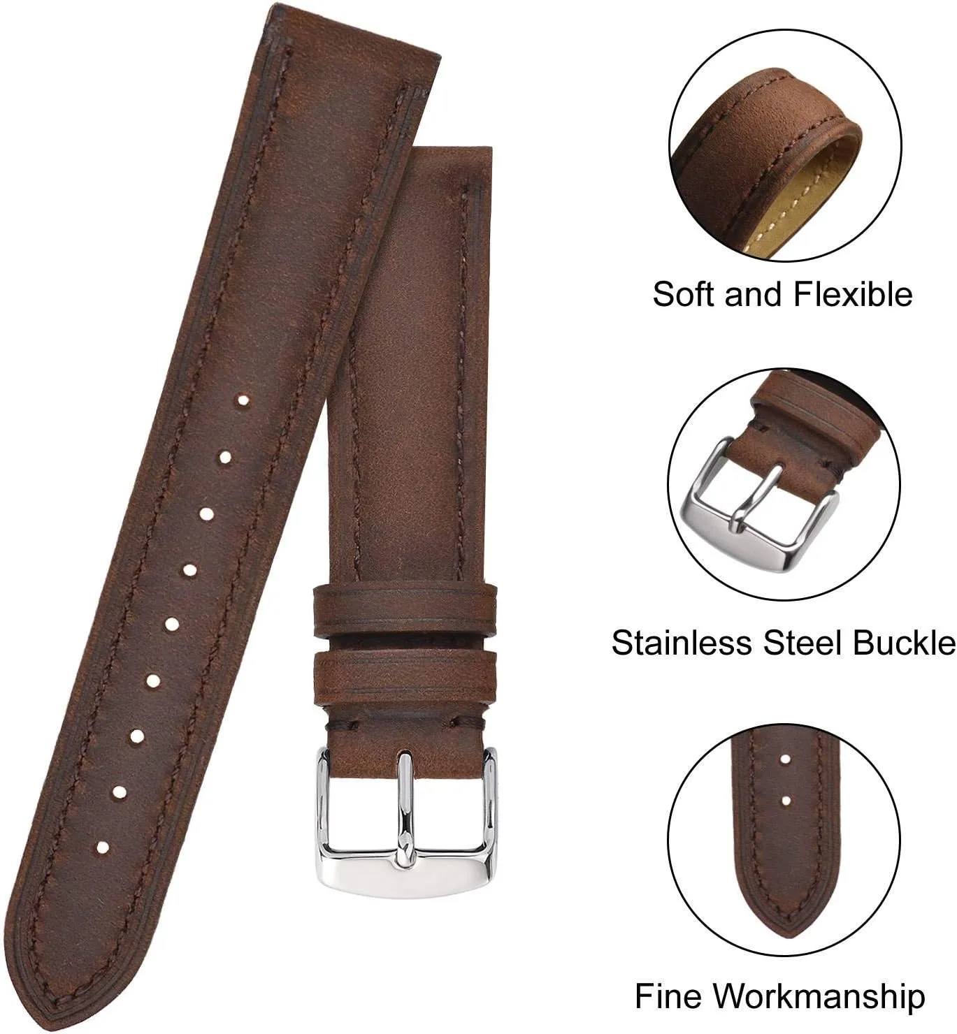 BISONSTRAP Watch Strap, Vintage Leather Replacement Bracelet, Band Width-14mm 15mm 16mm 17mm 18mm 19mm 20mm 21mm 22mm 23mm 24mm