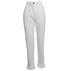 CHANEL White Denim Logo Button Ruffled Hem High Rise Jeans SZ36 UK 8
