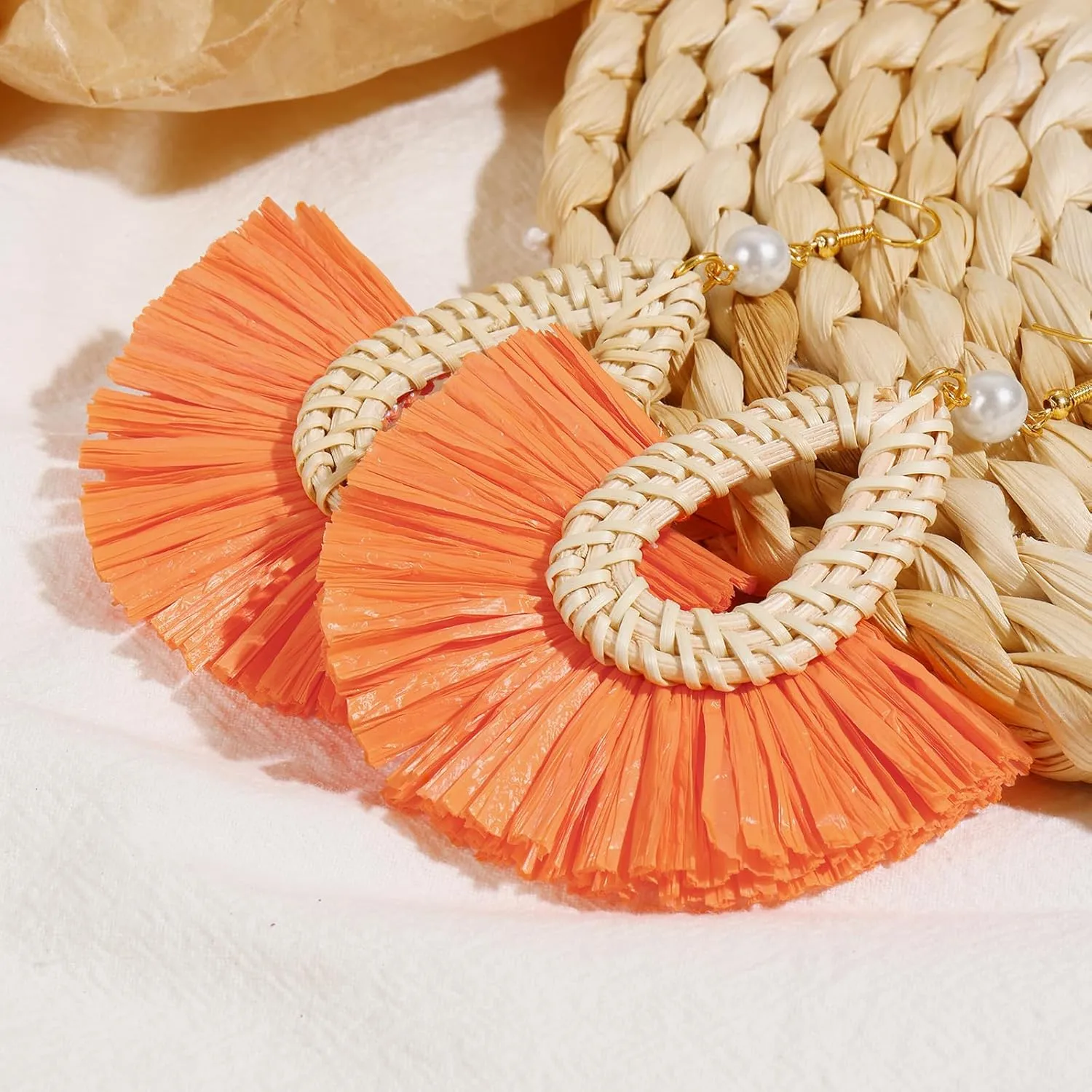 Coiris Boho Statement Dangle Earrings for Women Peal Raffia Tassel Rattan Drop Earrings Bohemian Summer Beach Tassel Earrings Trendy Jewelry for Women
