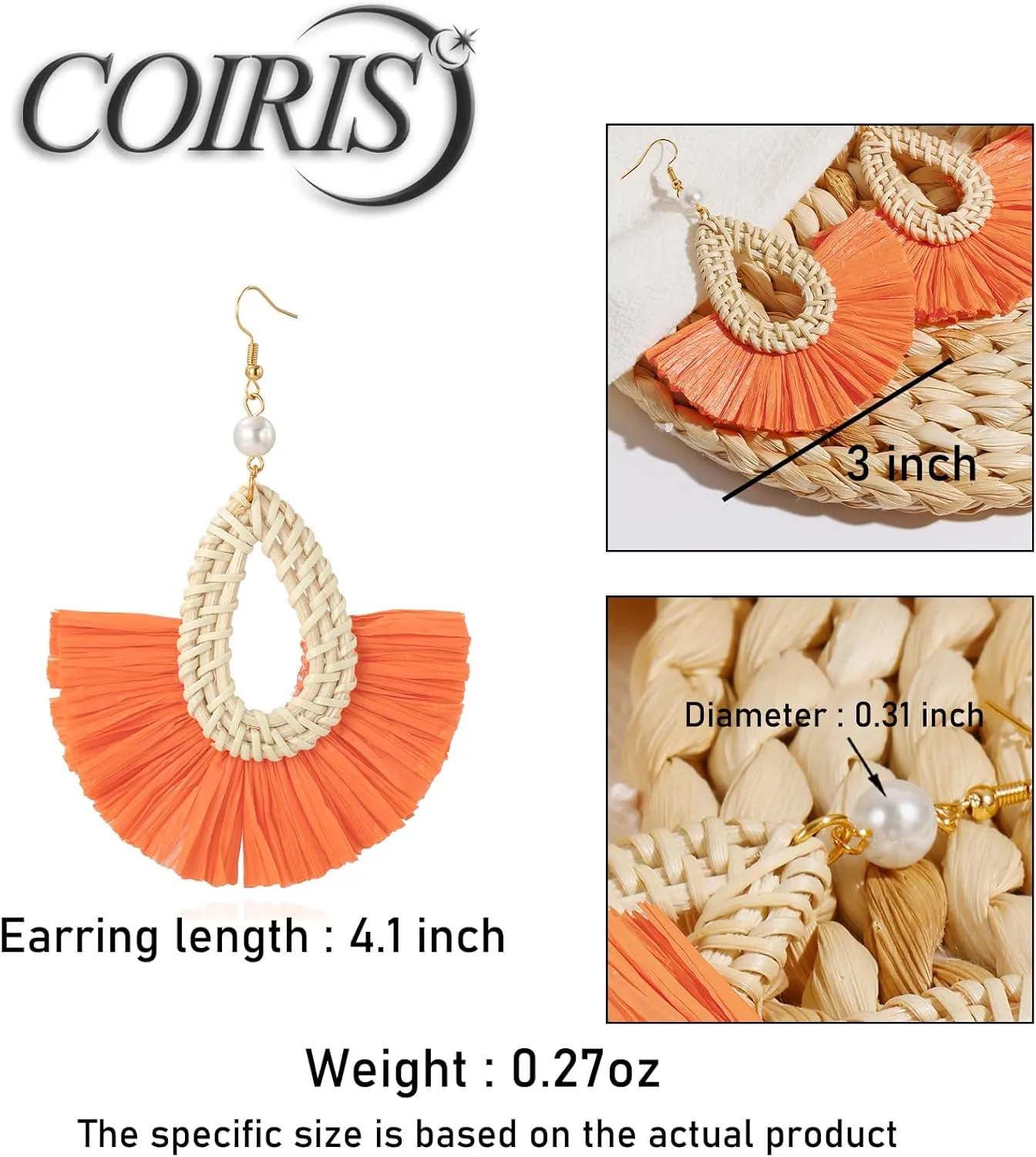 Coiris Boho Statement Dangle Earrings for Women Peal Raffia Tassel Rattan Drop Earrings Bohemian Summer Beach Tassel Earrings Trendy Jewelry for Women