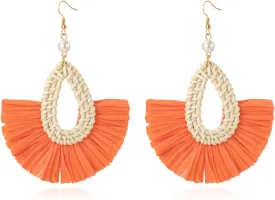 Coiris Boho Statement Dangle Earrings for Women Peal Raffia Tassel Rattan Drop Earrings Bohemian Summer Beach Tassel Earrings Trendy Jewelry for Women