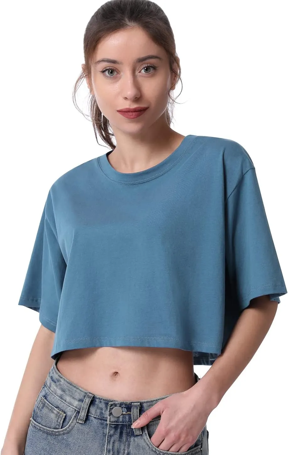 Cosy Pyro 4-Pack Women's Cotton Crop T-Shirts Short Sleeve Solid Cropped Athletic Top Round Neck Casual Workout Yoga Tees