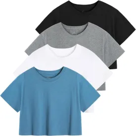 Cosy Pyro 4-Pack Women's Cotton Crop T-Shirts Short Sleeve Solid Cropped Athletic Top Round Neck Casual Workout Yoga Tees