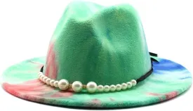 DHAEY Autumn and Winter Tie-Dyed Colored Wool Hat Fashion Flat Brim Pearl Jazz Hat European and American Style New Felt Hat Luopan Caps & Hats (Color : Rose Red, Size : 56-58cm)