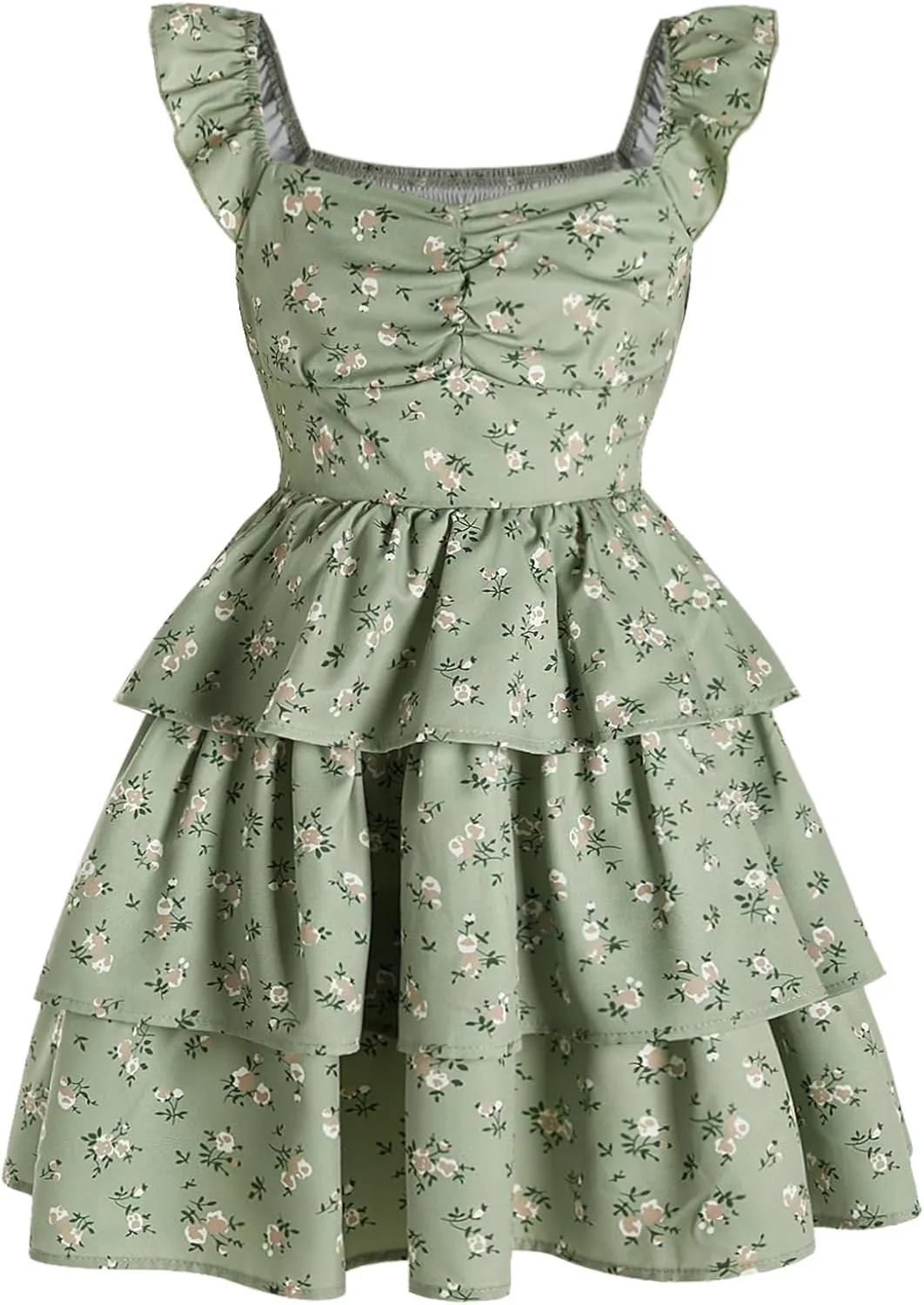 Girl's Floral Summer Dress Ruffle Shirred High Waist Ruched Sweetheart A Line Spring Dress