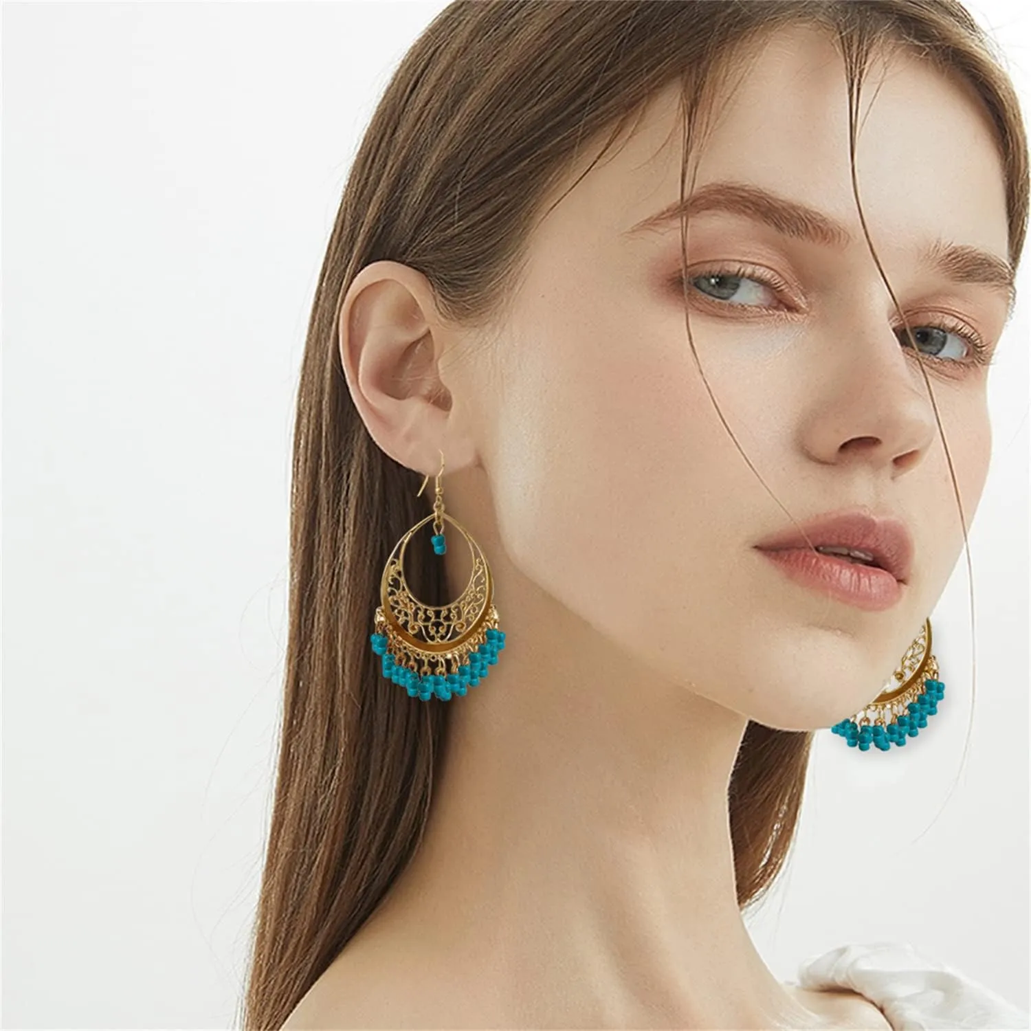 Handmade Creative Colorful Bohemian Chandelier Teardrop Bead Dangle Drop Earrings Ethnic Gypsy Beads Tassel Hoops Earrings for Women