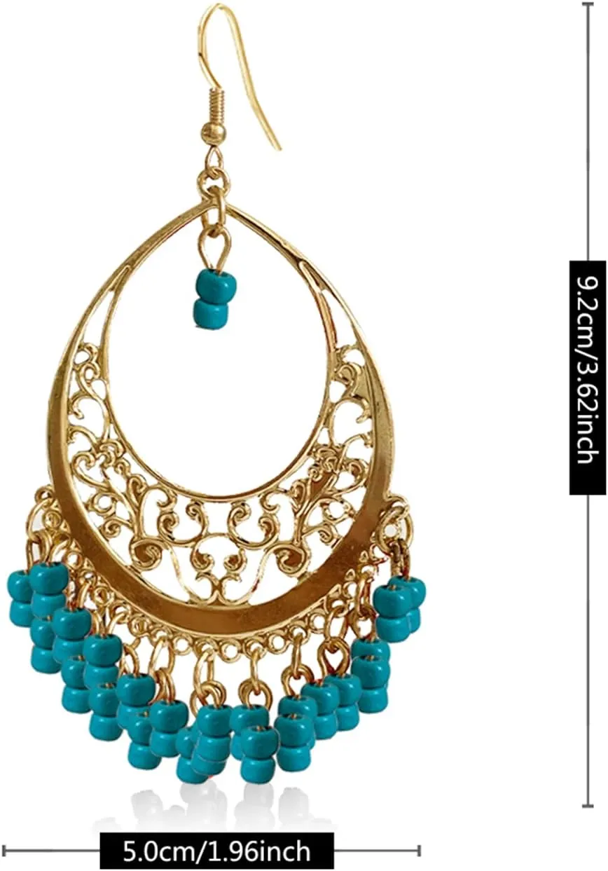 Handmade Creative Colorful Bohemian Chandelier Teardrop Bead Dangle Drop Earrings Ethnic Gypsy Beads Tassel Hoops Earrings for Women