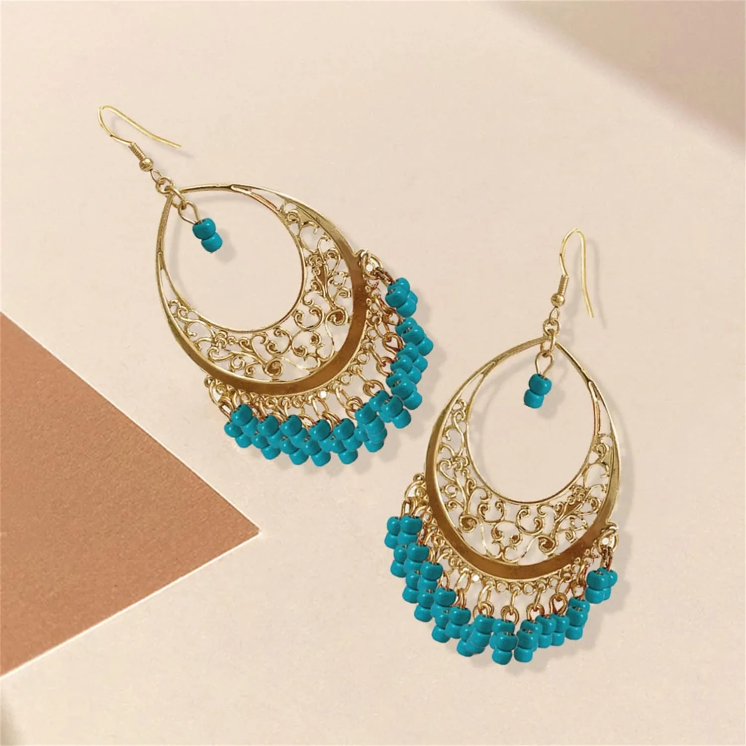 Handmade Creative Colorful Bohemian Chandelier Teardrop Bead Dangle Drop Earrings Ethnic Gypsy Beads Tassel Hoops Earrings for Women