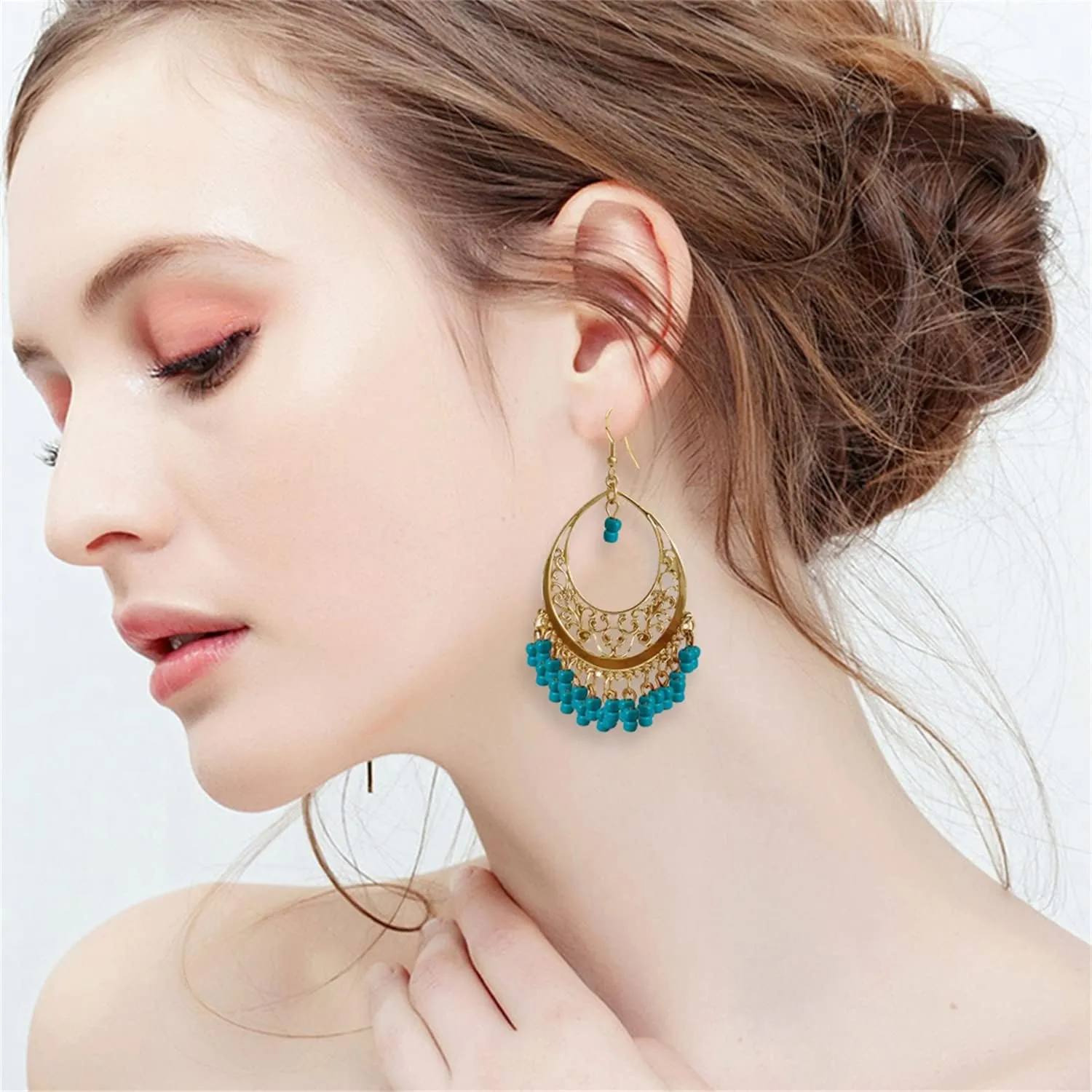 Handmade Creative Colorful Bohemian Chandelier Teardrop Bead Dangle Drop Earrings Ethnic Gypsy Beads Tassel Hoops Earrings for Women