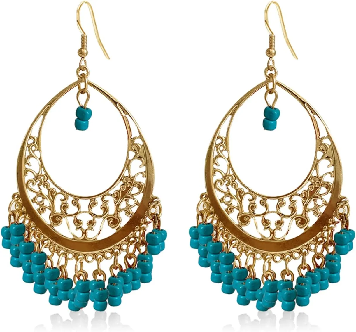 Handmade Creative Colorful Bohemian Chandelier Teardrop Bead Dangle Drop Earrings Ethnic Gypsy Beads Tassel Hoops Earrings for Women