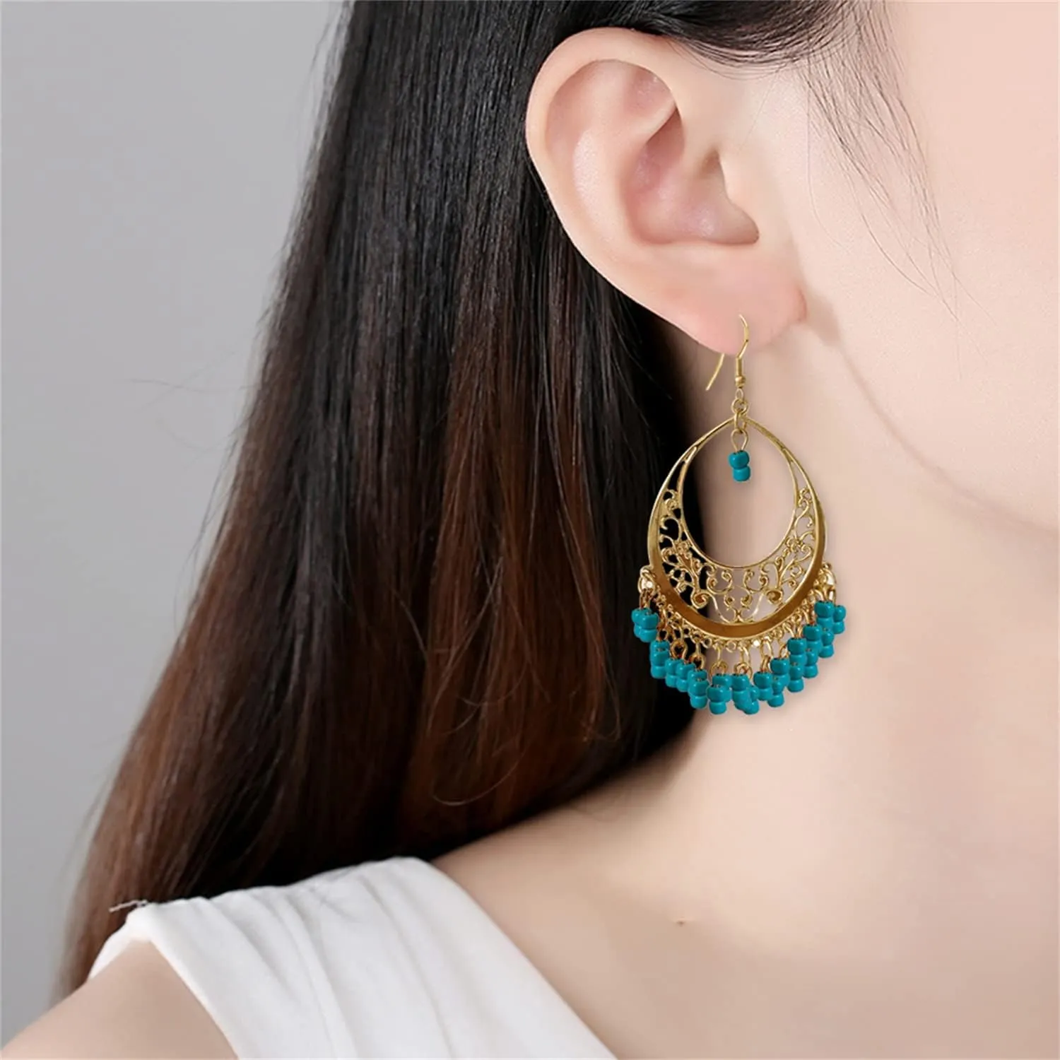 Handmade Creative Colorful Bohemian Chandelier Teardrop Bead Dangle Drop Earrings Ethnic Gypsy Beads Tassel Hoops Earrings for Women