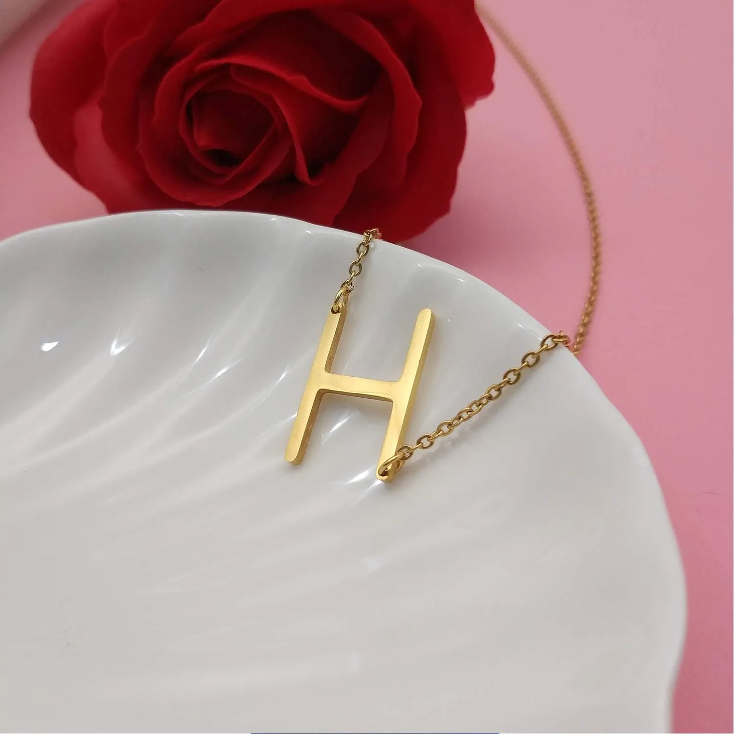 MOMOL Sideways Initial Necklace 18K Gold Plated Stainless Steel Tiny Initial Necklace Dainty Personalized Letter Necklace Delicate Small Monogram Name Necklace for Women
