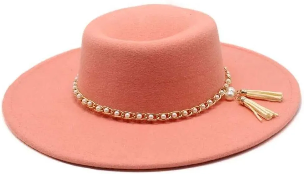 Round Wide Brim Fedora-Pearl Peach