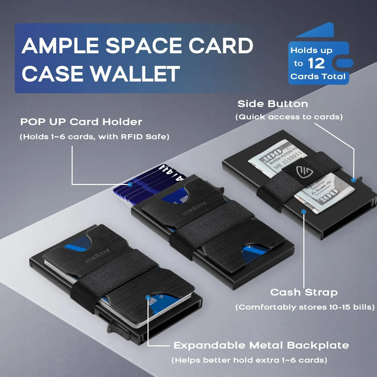 RUNBOX Slim Card Holder Wallet for Men, Minimalist RFID Blocking Wallet with Pop-Up Function, Ultra-Thin Design, Metal Business Card Cases holds 12  Cards, Gifts for Men, Men's Accessories