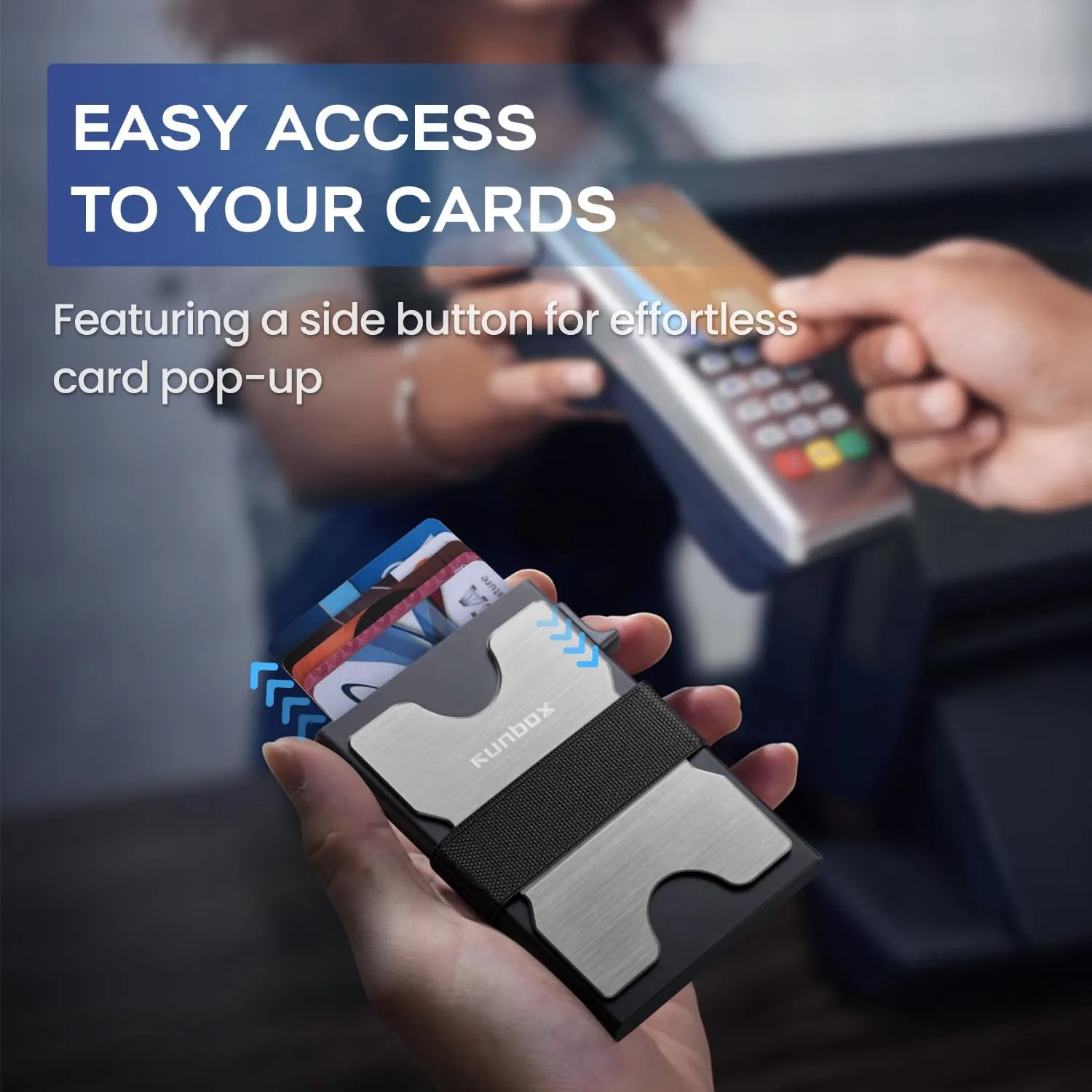RUNBOX Slim Card Holder Wallet for Men, Minimalist RFID Blocking Wallet with Pop-Up Function, Ultra-Thin Design, Metal Business Card Cases holds 12  Cards, Gifts for Men, Men's Accessories