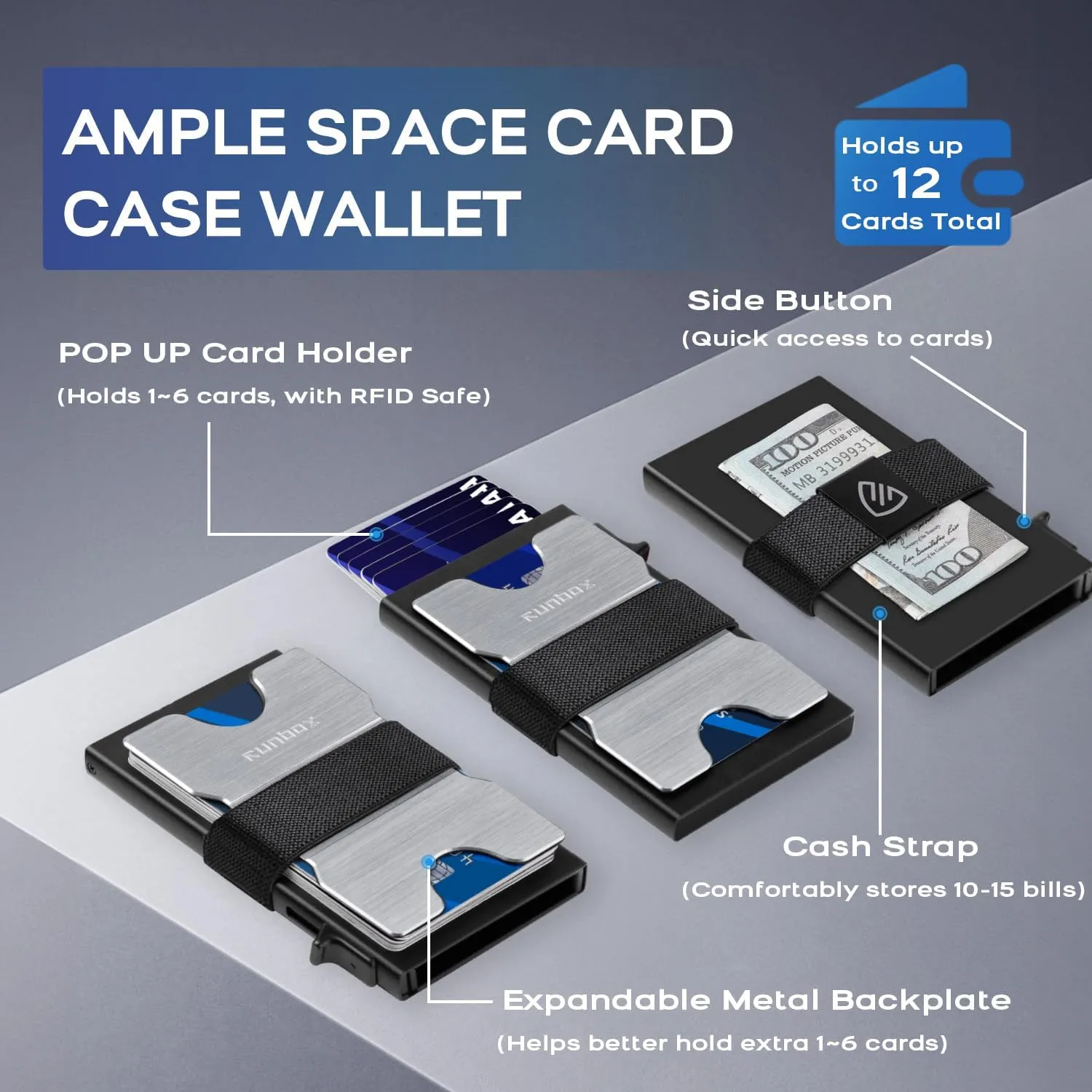 RUNBOX Slim Card Holder Wallet for Men, Minimalist RFID Blocking Wallet with Pop-Up Function, Ultra-Thin Design, Metal Business Card Cases holds 12  Cards, Gifts for Men, Men's Accessories