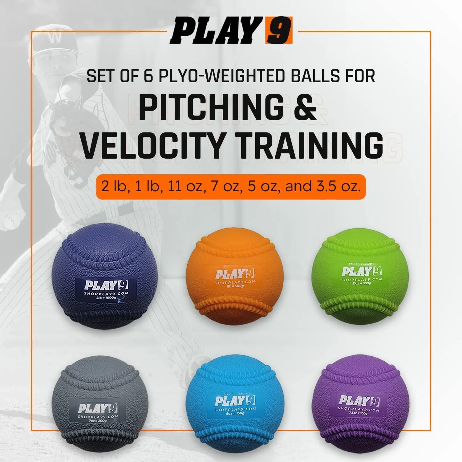 SHOP PLAY 9 - Plyometric Baseballs - Weighted Balls for Baseball - Arm Care, Velocity, and Strength Training - Weighted Baseballs for Throwing and Stretching - Textured Finish for Improved Grip