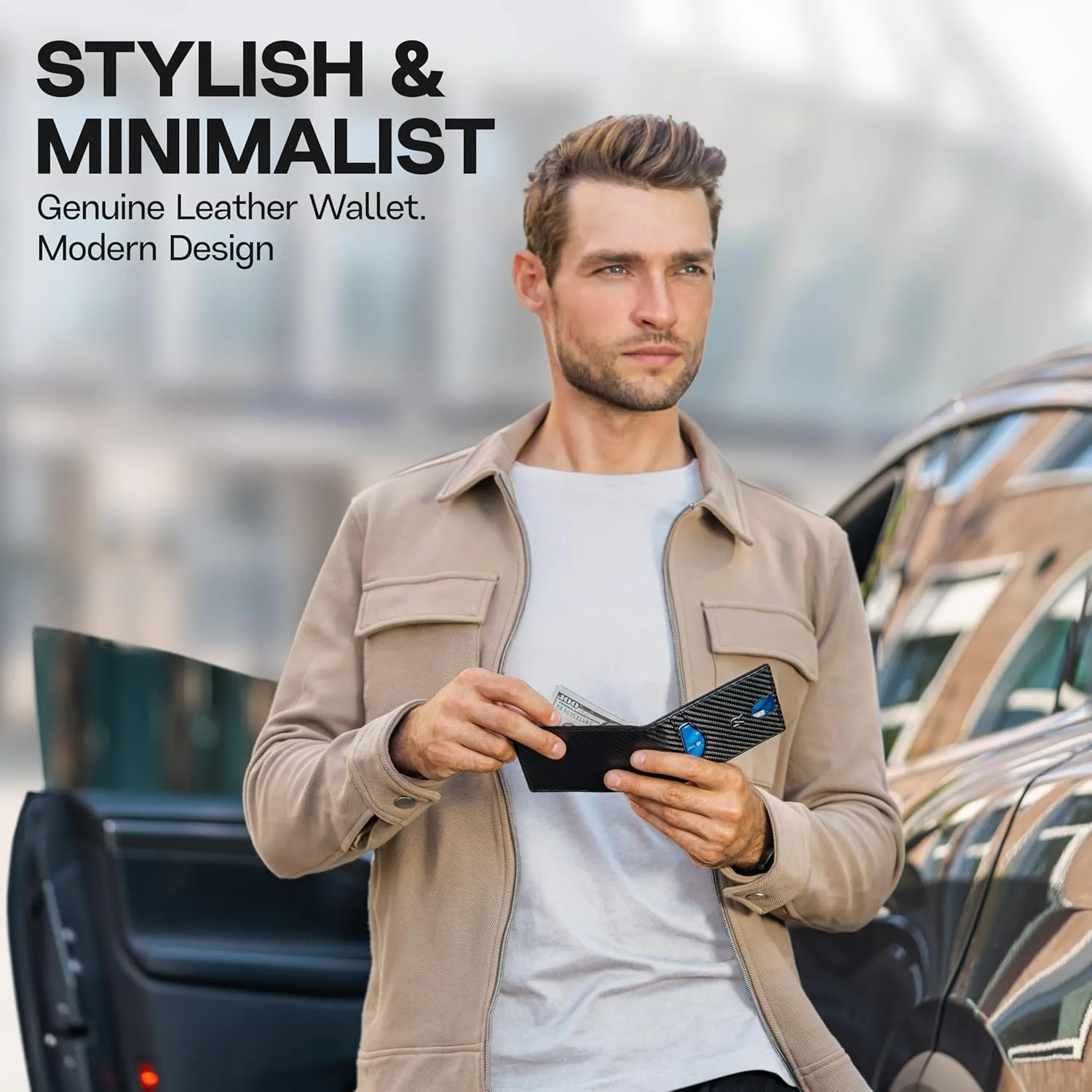Slim Wallet for Men with Money Clip, Leather RFID Blocking Mens Wallet, Minimalist Credit Card Holder, Front Pocket Bifold - Gift Box Included