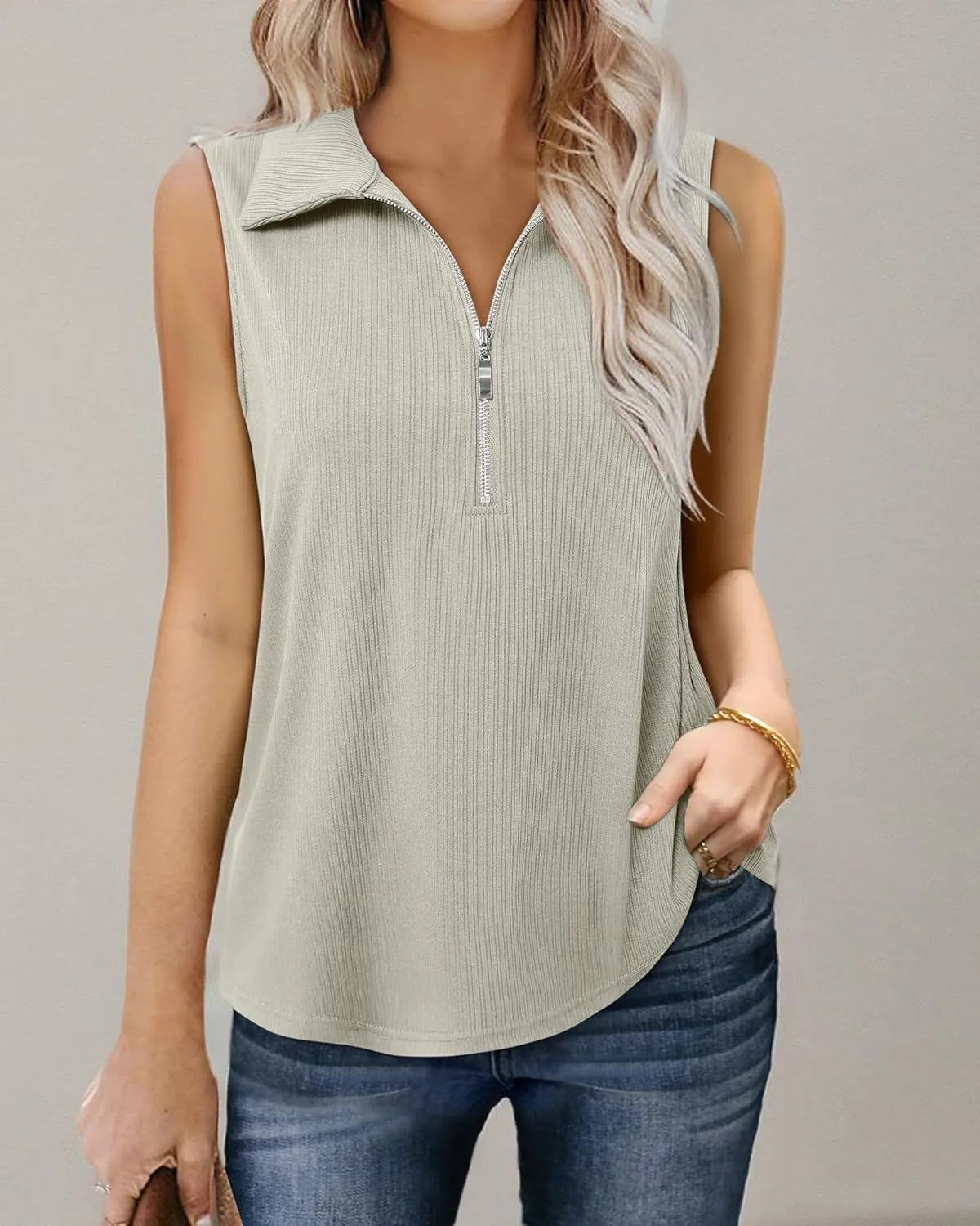 Vivilli Womens Ribbed Tank Top Zipper V Neck Dressy Casual Blouses Sleeveless Camisole Tops Work Tank Polo Shirts
