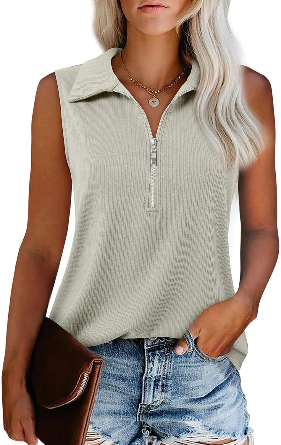 Vivilli Womens Ribbed Tank Top Zipper V Neck Dressy Casual Blouses Sleeveless Camisole Tops Work Tank Polo Shirts