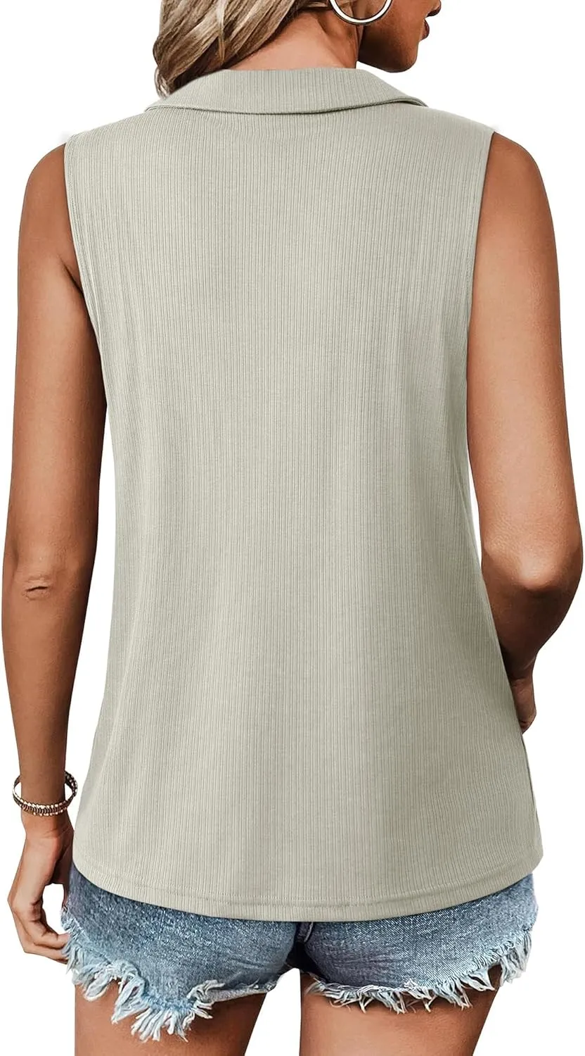 Vivilli Womens Ribbed Tank Top Zipper V Neck Dressy Casual Blouses Sleeveless Camisole Tops Work Tank Polo Shirts