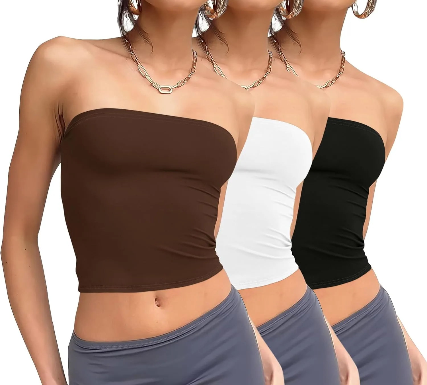 WIHOLL 3 Pack Tube Tops for Women Slim Fit Crop Tops Going Out Strapless Tank Tops Bandeau Summer Outfits 2025 Y2K Clothes