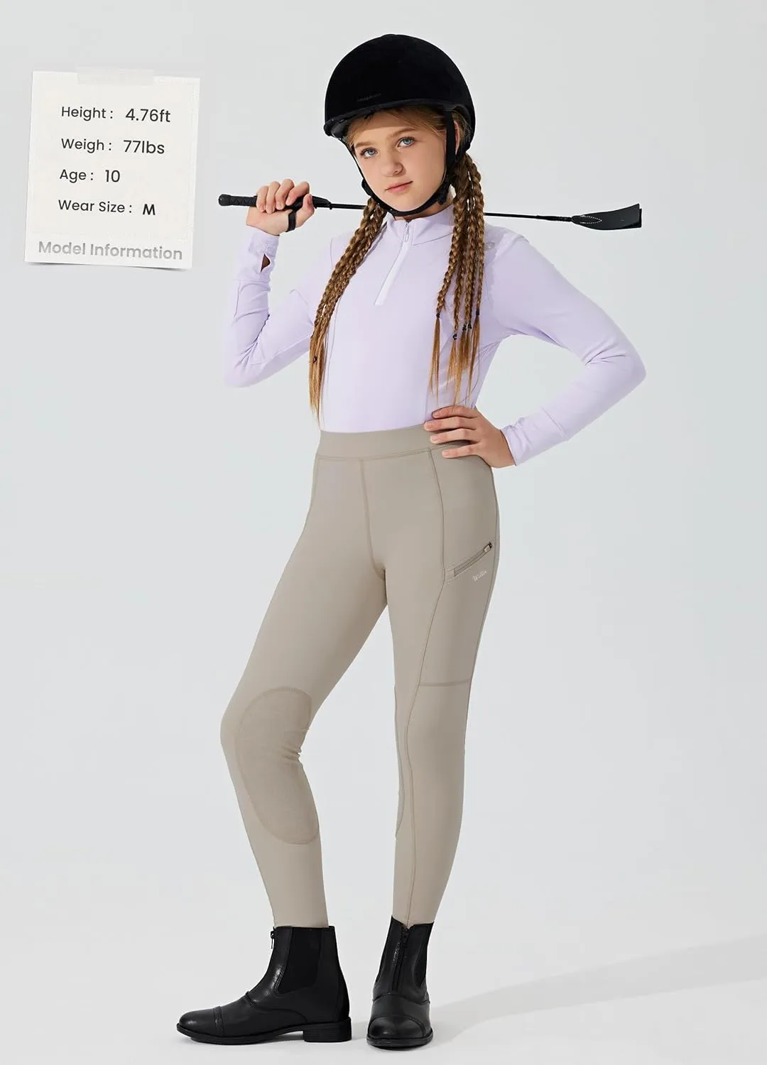 Willit Girls Horse Riding Pants Tights Kids Equestrian Breeches Knee-Patch Youth Schooling Tights Zipper Pockets