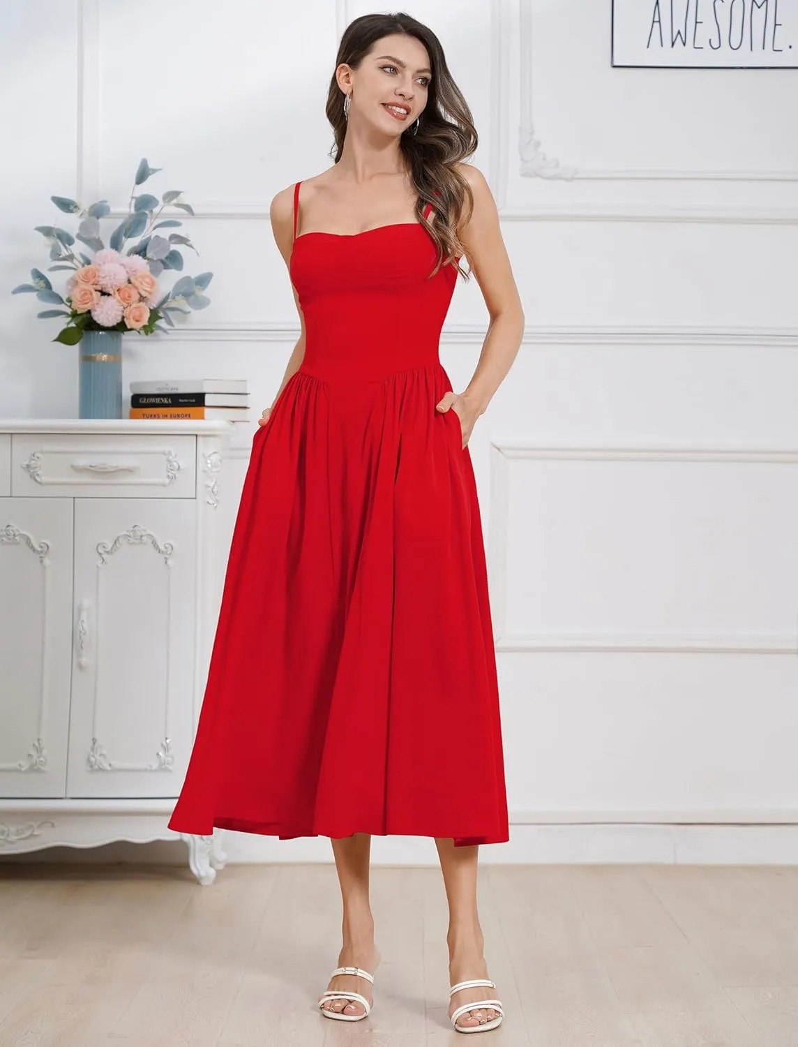Women Floral Corset Dress Boho Spaghetti Strap Lace Up Casual Midi Dresses with Pockets Low Cut Flowy Bustier Sundress