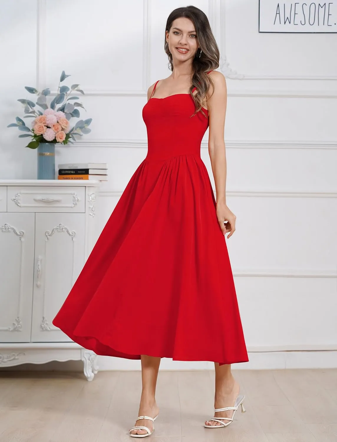 Women Floral Corset Dress Boho Spaghetti Strap Lace Up Casual Midi Dresses with Pockets Low Cut Flowy Bustier Sundress