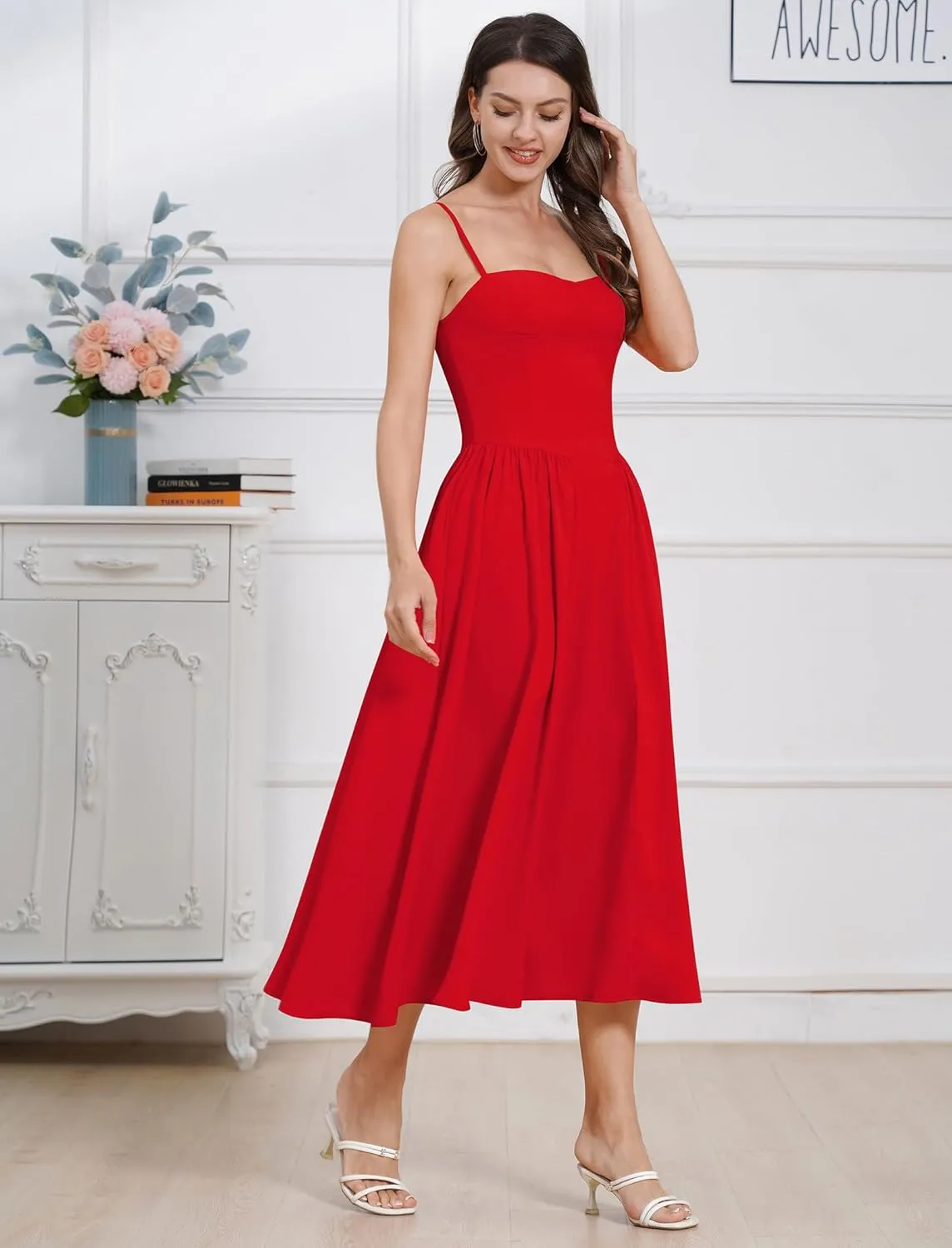 Women Floral Corset Dress Boho Spaghetti Strap Lace Up Casual Midi Dresses with Pockets Low Cut Flowy Bustier Sundress