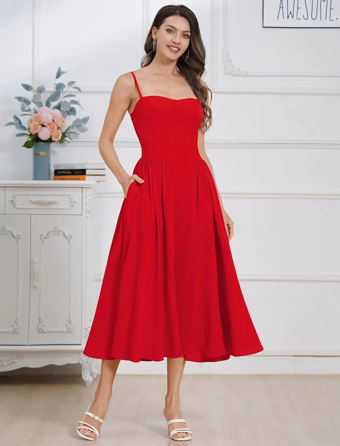 Women Floral Corset Dress Boho Spaghetti Strap Lace Up Casual Midi Dresses with Pockets Low Cut Flowy Bustier Sundress