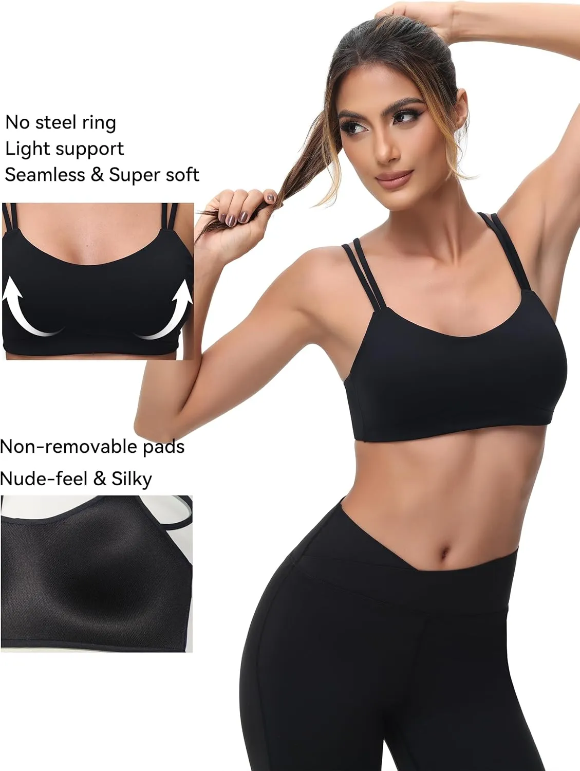 Yoga Sports Workout Bras for Women Seamless Molded Cup Spaghetti Double Strap Bra Wirefree Scoop Neck Tank Top Bras