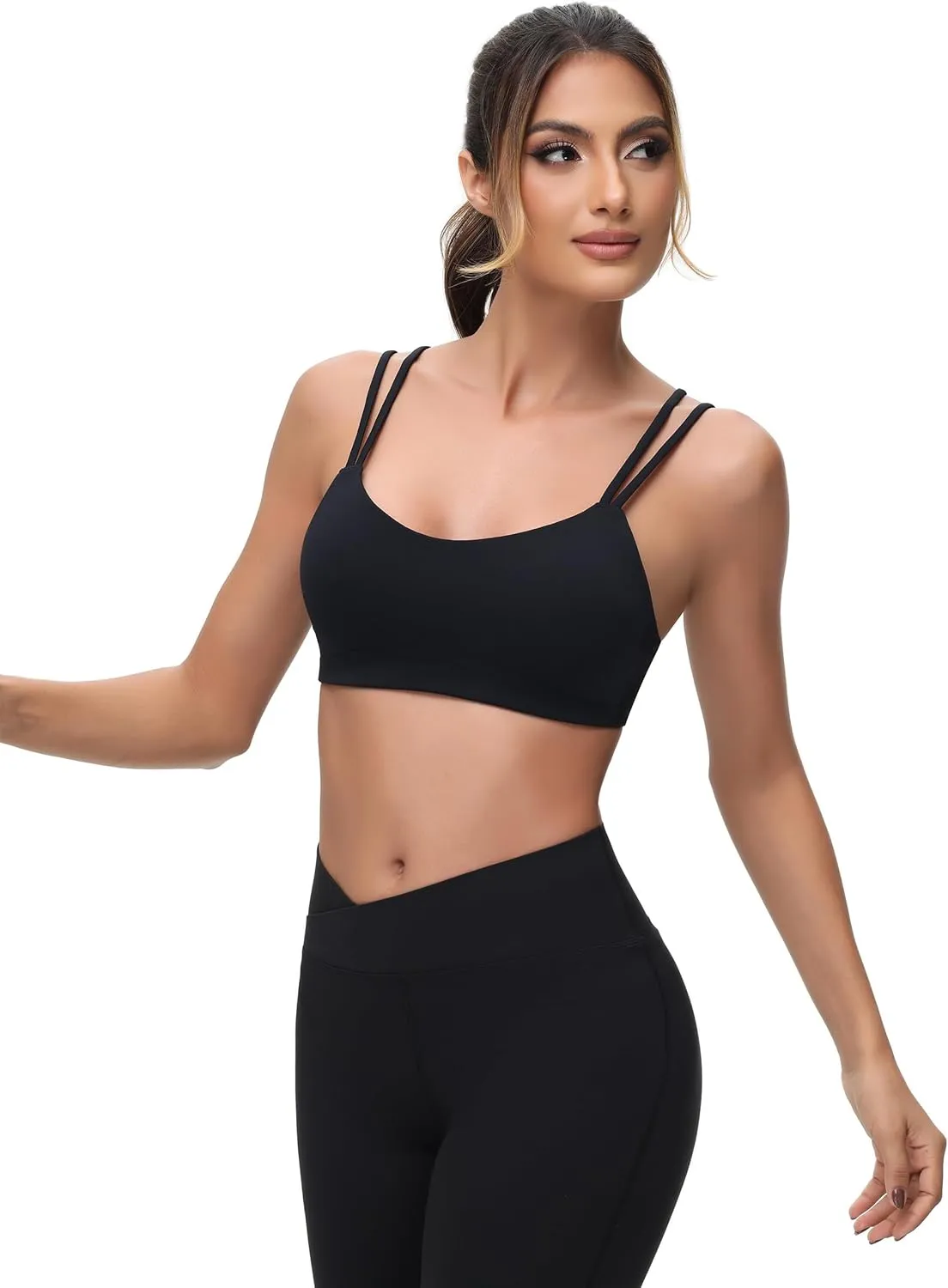Yoga Sports Workout Bras for Women Seamless Molded Cup Spaghetti Double Strap Bra Wirefree Scoop Neck Tank Top Bras
