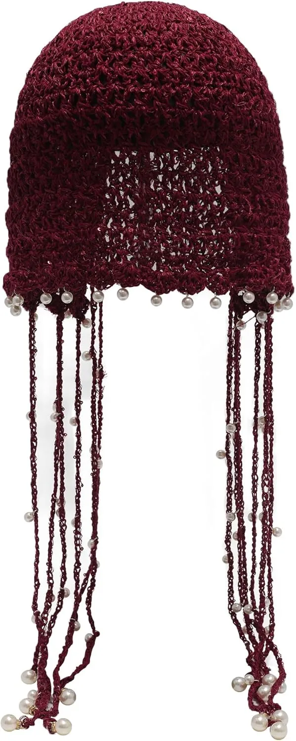 ZLYC Women Cotton Crochet Slouchy Beanie Hat with Tassel Handmade Knit Skull Cap
