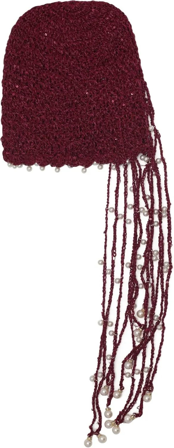ZLYC Women Cotton Crochet Slouchy Beanie Hat with Tassel Handmade Knit Skull Cap